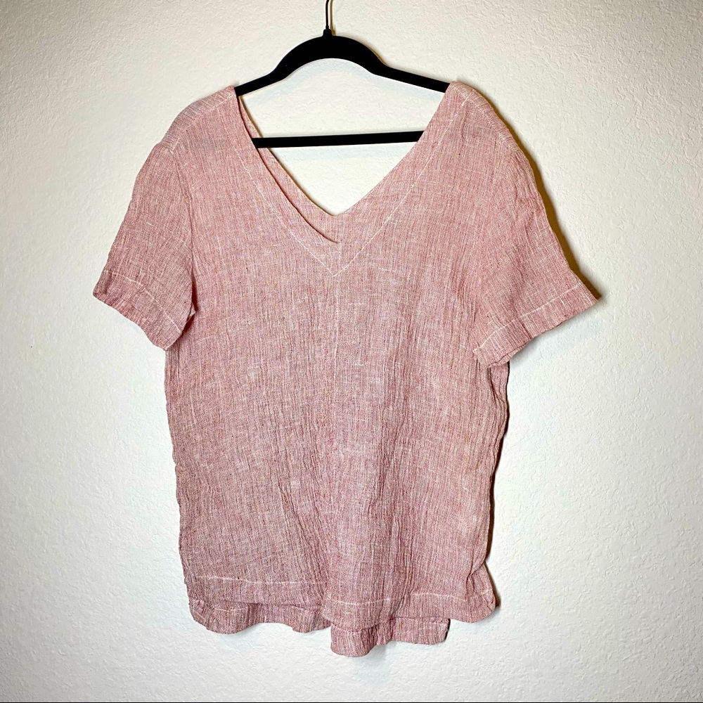 TAHARI 100% Linen Boho Lagenlook Top Chambray Blouse V Neck Short Sleeve Boho